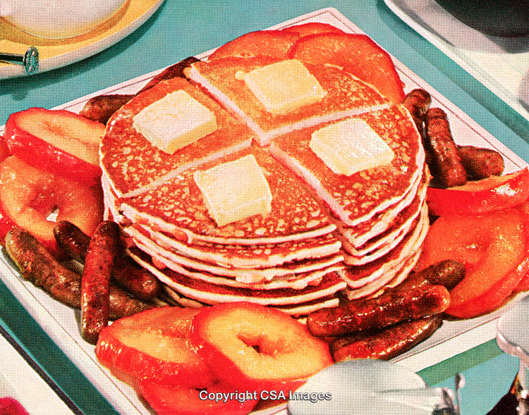 Delicious Pancake Breakfast with Syrup, Sausages, and Butter