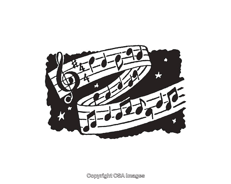 Black and White Musical Notes Line Art Illustration with Stars