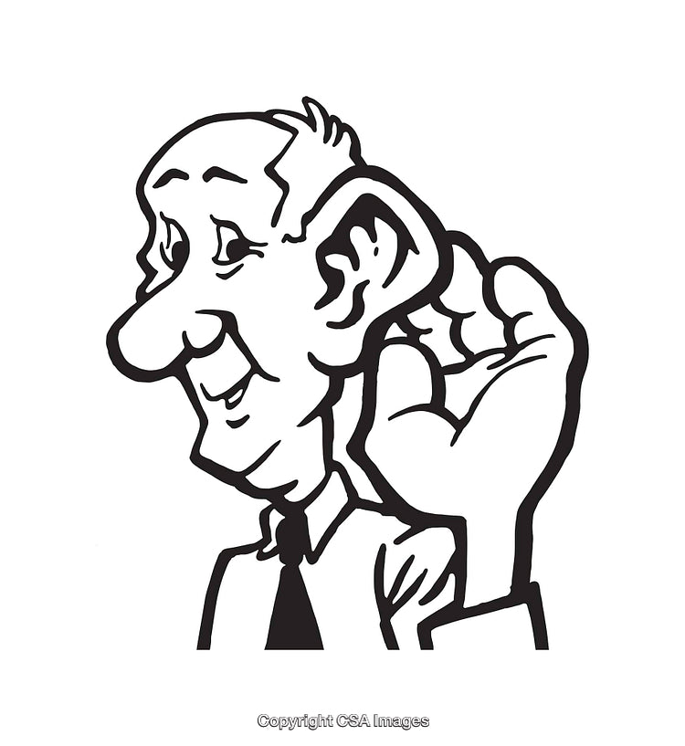 Black And White Line Art of Elderly Man Gesturing to Listen
