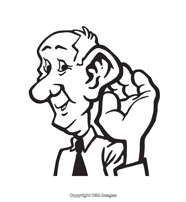 Black And White Line Art of Elderly Man Gesturing to Listen