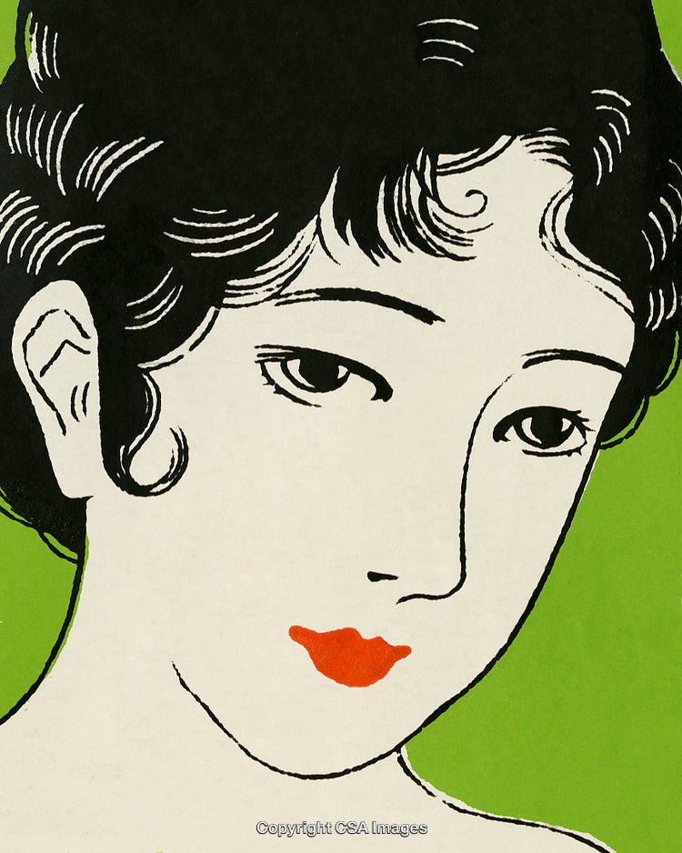 Stylized Portrait of a Woman with Bold Red Lips on Green Background