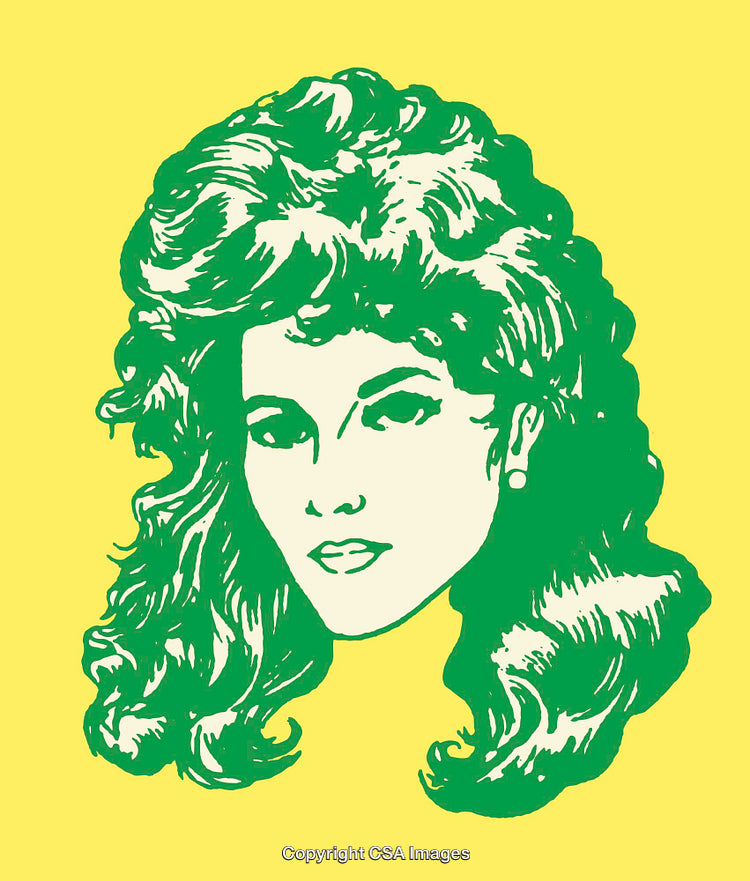 Vintage Color Illustration of a Stylized Woman Portrait on Yellow Background