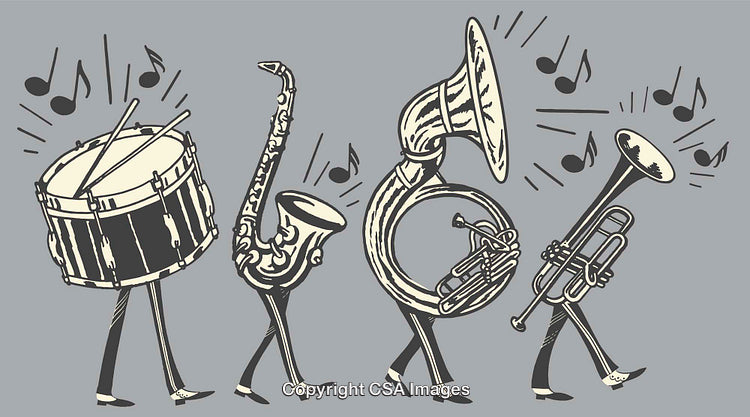 Quirky Line Art of Musical Instruments in Marching Band Formation