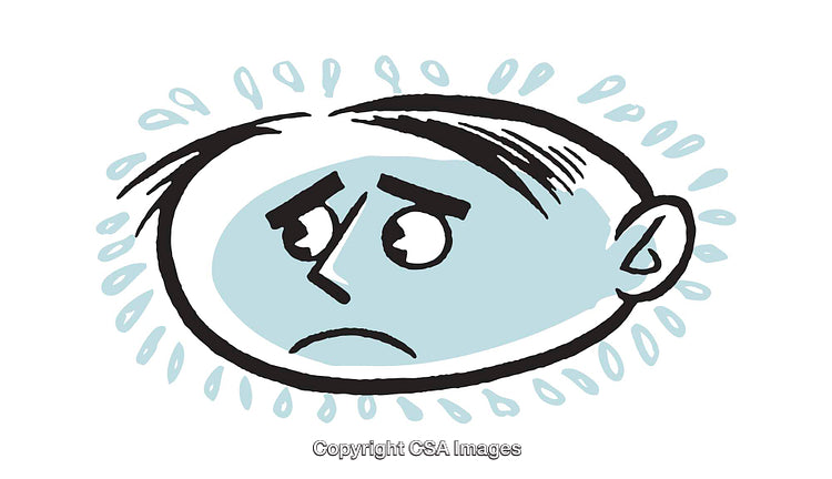 Hand-Drawn Sad Face Illustration with Blue Background and Sweat Drops