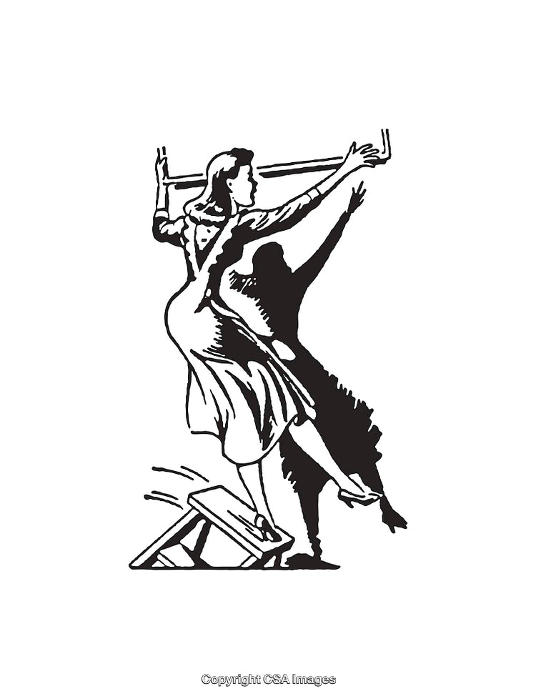 Vintage Black and White Line Art of Woman in Action Pose