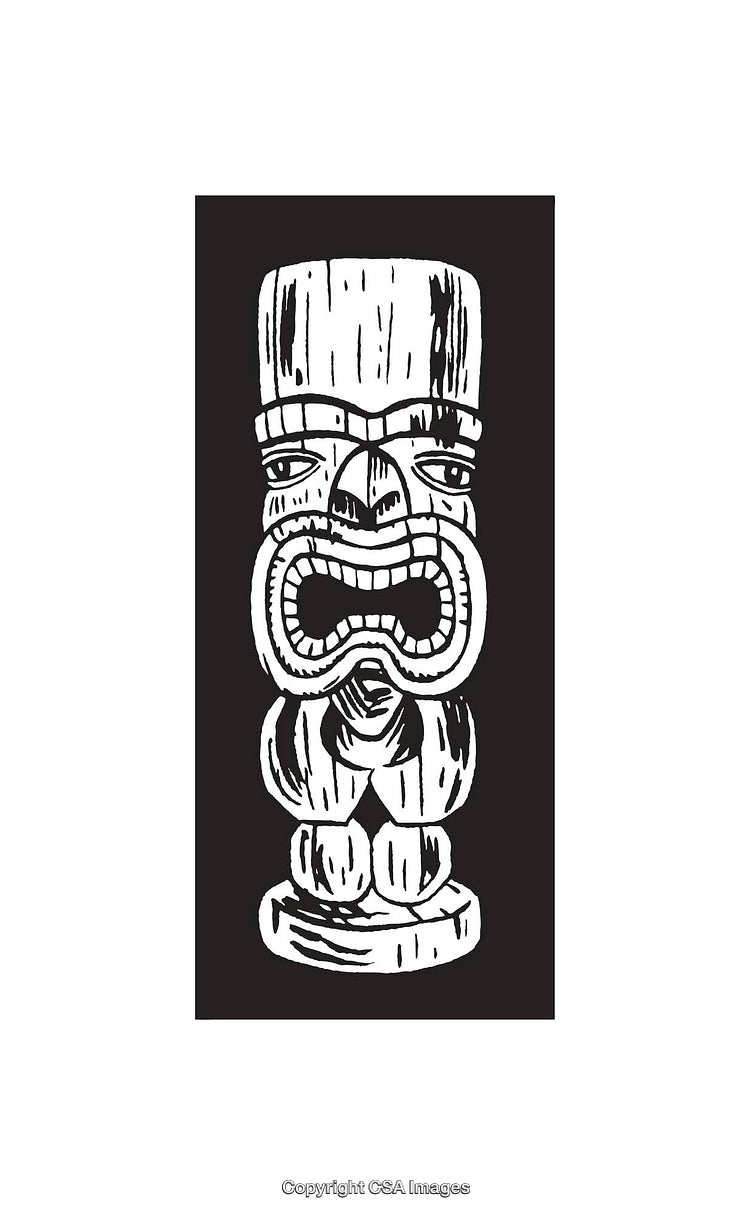 Stylized Black and White Line Drawing of a Wooden Tiki Statue