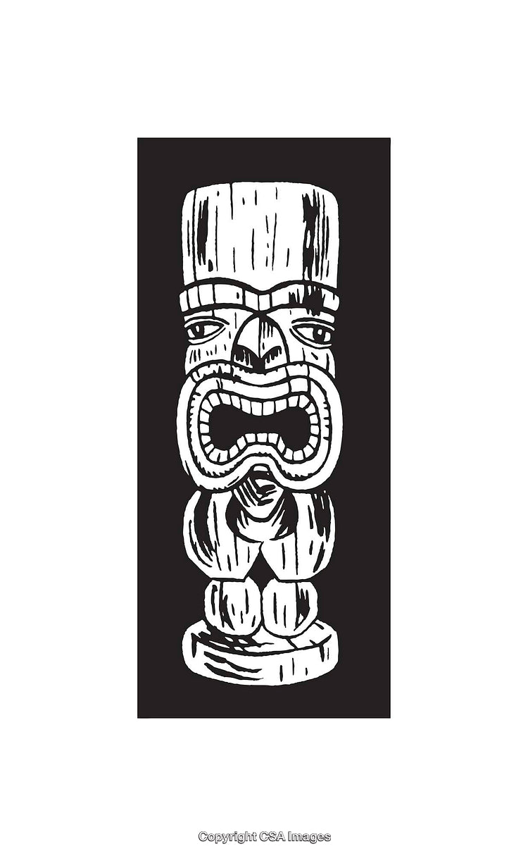 Stylized Black and White Line Drawing of a Wooden Tiki Statue