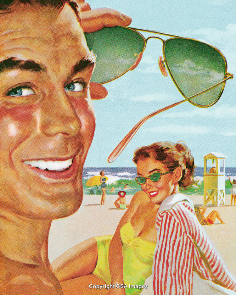 Vintage Beach Illustration with Smiling Couple in Sunglasses Relaxing Outdoors