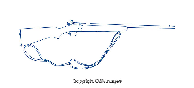 Detailed Line Drawing of a Rifle with Sling in Blue