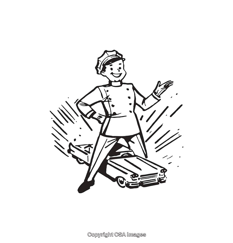 Vintage Line Art of a Cheerful Attendant with Classic Car Sketch