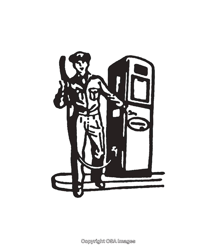 Vintage Line Art of Gas Station Attendant and Fuel Pump Scene