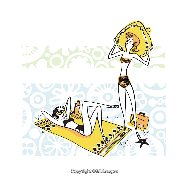 Vibrant Summer Beach Scene with Stylish Illustrations of Women Relaxing