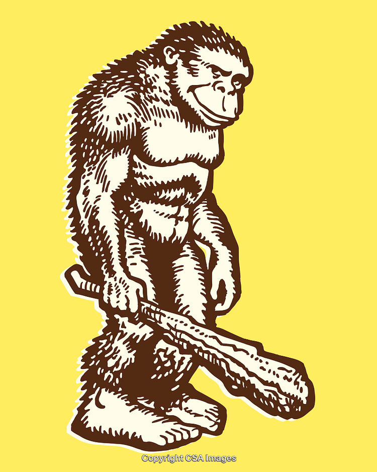 Color Line Art Illustration of Prehistoric Caveman Holding a Wooden Club