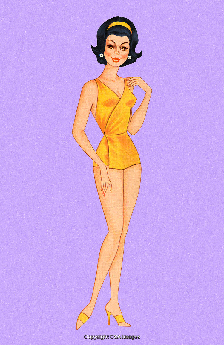 Vintage Illustration of a Glamorous Woman in a Yellow Outfit on Purple Background