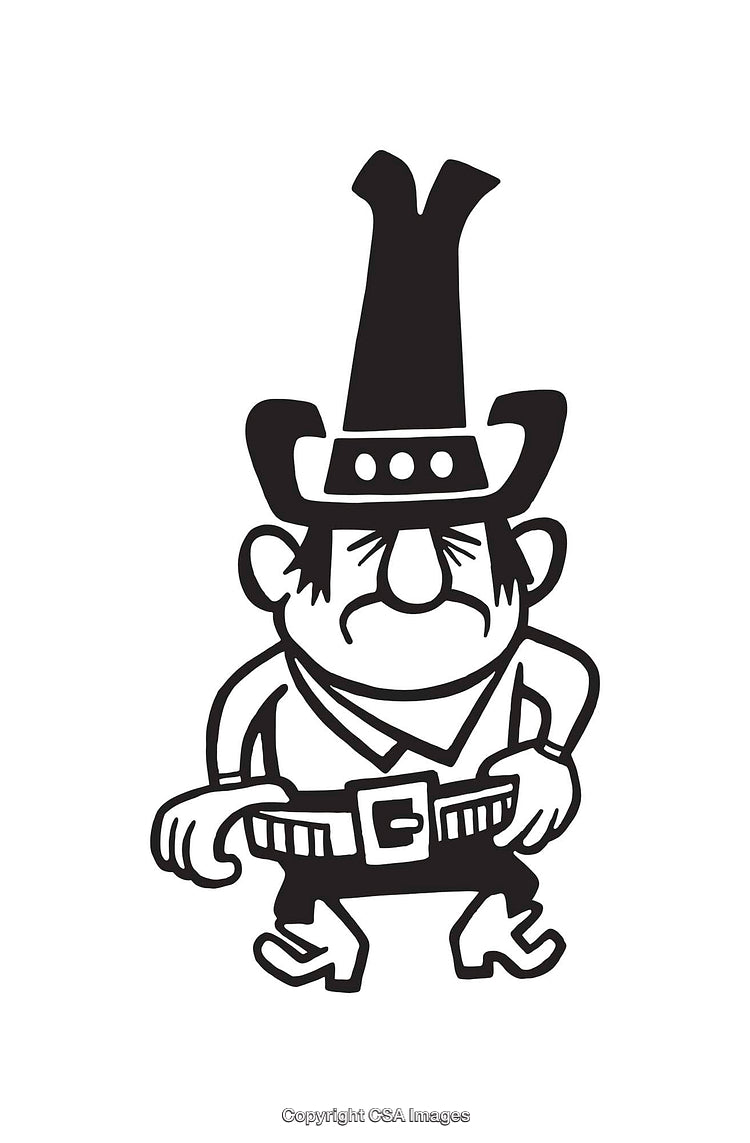Cartoon Cowboy Buckling His Belt in Black and White Line Illustration