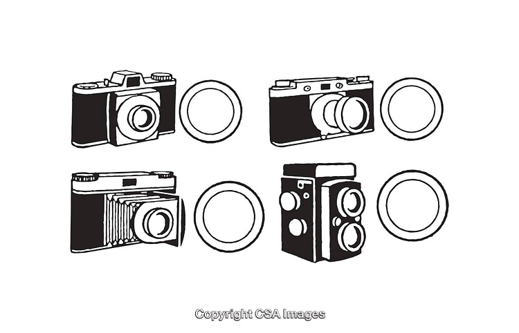 Detailed Black and White Illustrations of Vintage Cameras