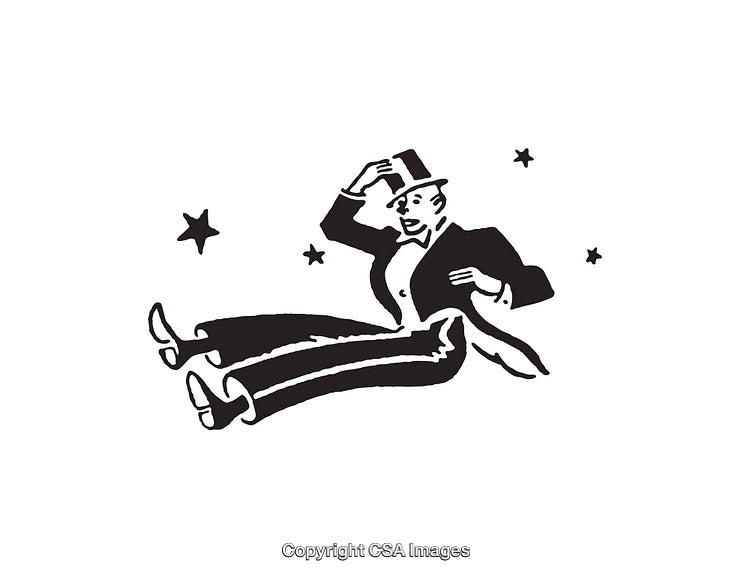 Black and White Illustration of a Man Falling with a Hat