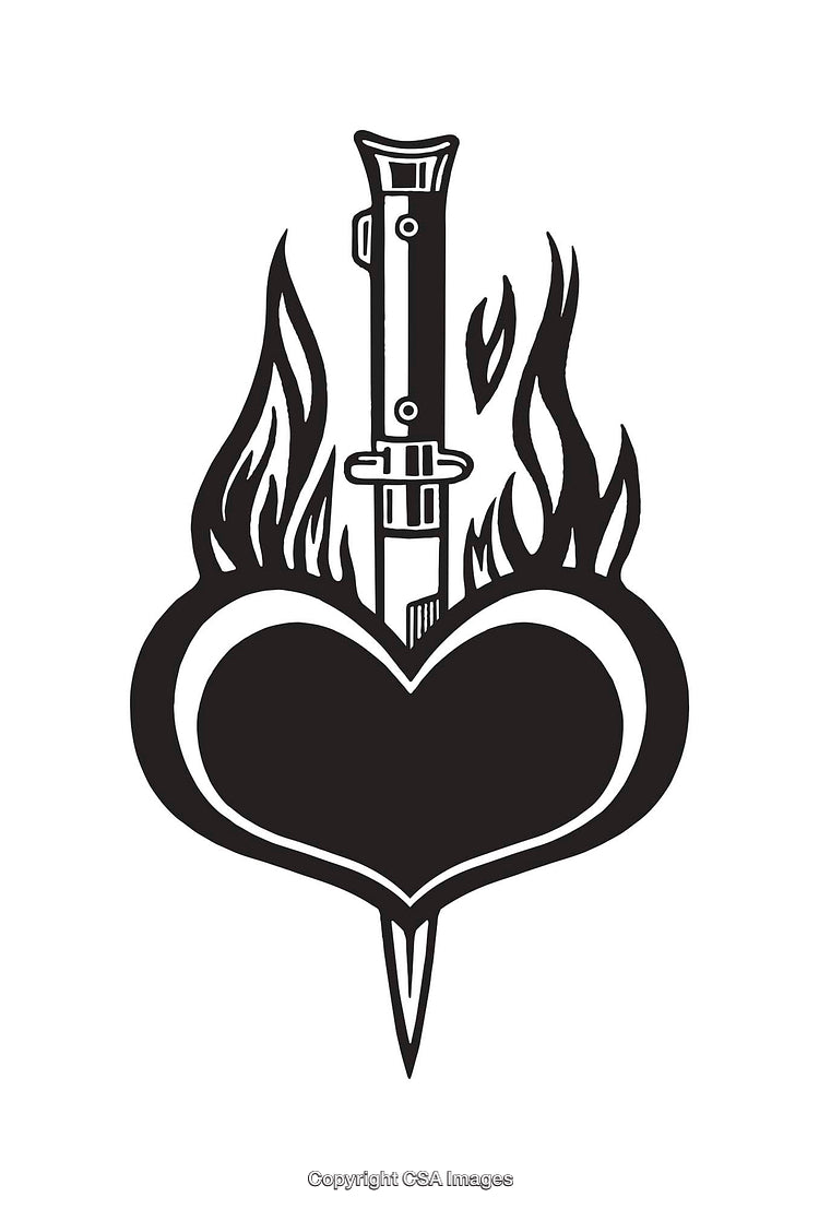 Flaming Heart With Knife Black And White Line Art Illustration
