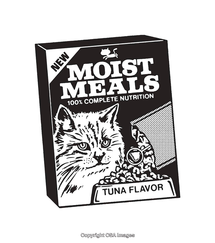 Black and White Line Art Illustration of Tuna Flavored Cat Food Packaging