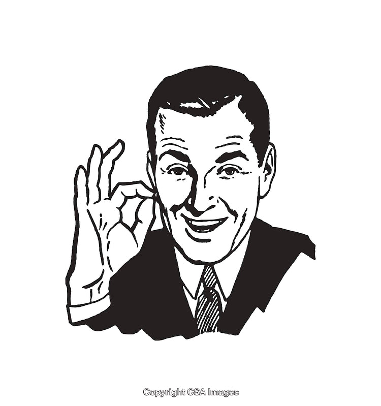 Retro Black And White Illustration of Smiling Businessman Gesturing Okay