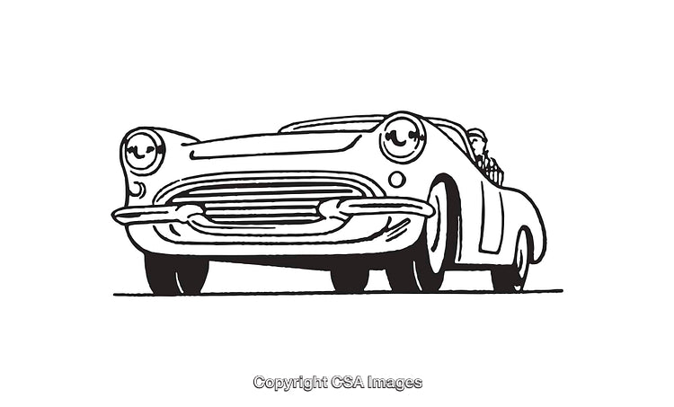 Retro Convertible Car Line Art Illustration in Black and White Style