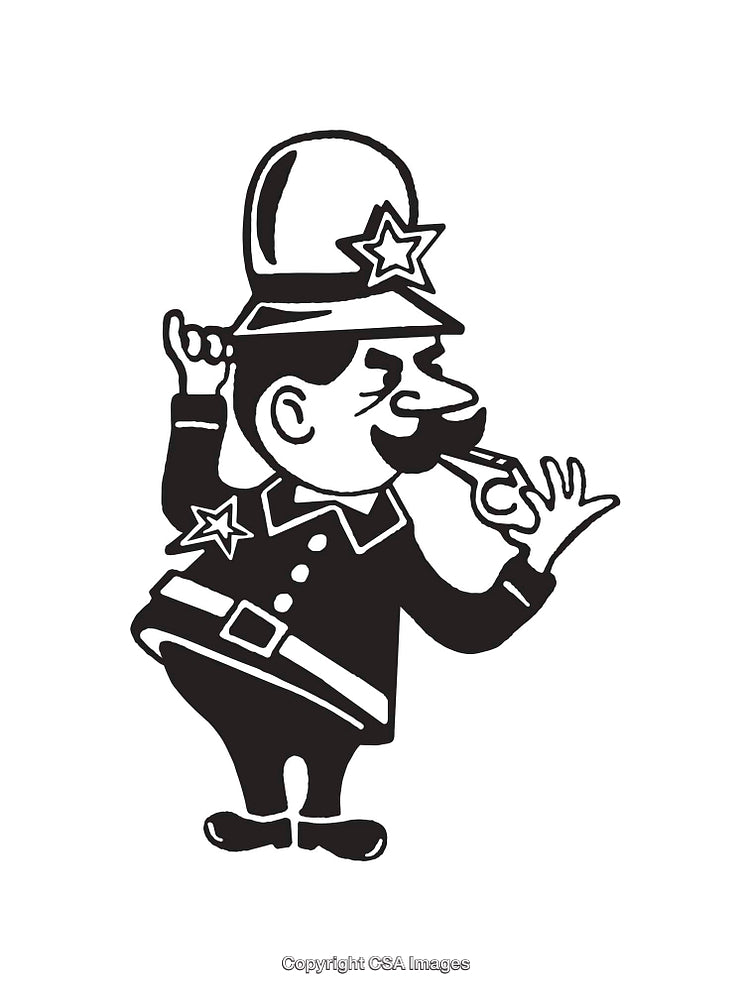Black and White Line Art Illustration of a Cartoon Policeman with Whistle