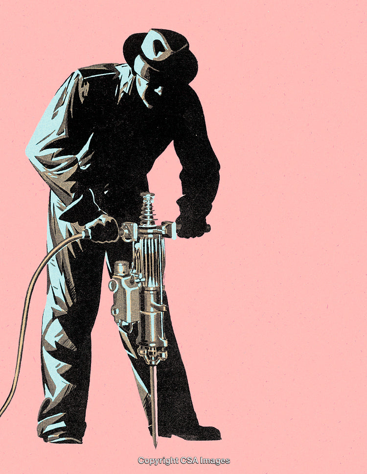 Illustration of a Worker Operating a Jackhammer on Colored Background