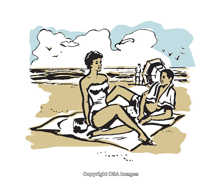 Retro Beach Scene With Relaxing Couple in Vibrant Colors