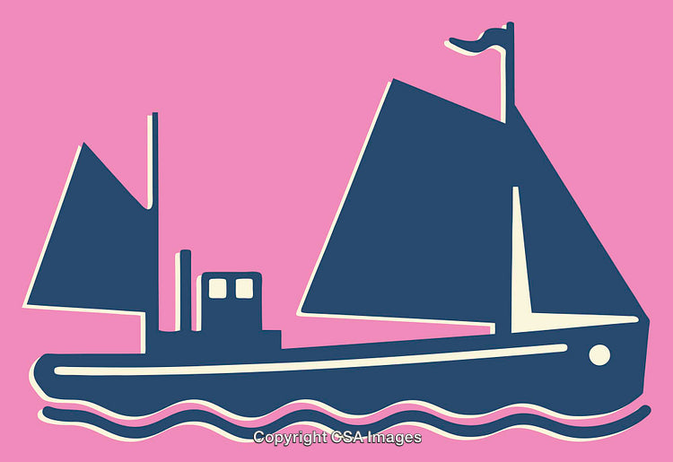 Blue Sailboat Line Art Illustration on a Pink Background