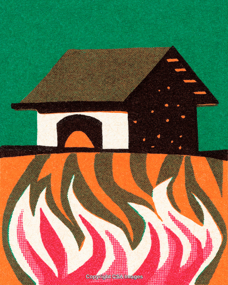 Stylized Illustration of a House with Flames in a Bold Artistic Design