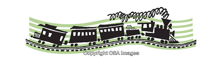 Whimsical Train Illustration on Curved Tracks with Vibrant Green Background