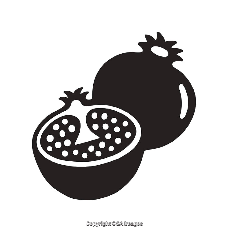 Black and White Illustration of a Whole and Halved Pomegranate