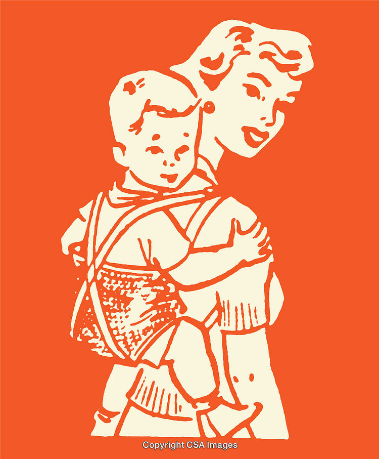 Vintage Line Art of a Mother Carrying Her Baby with a Sling Carrier