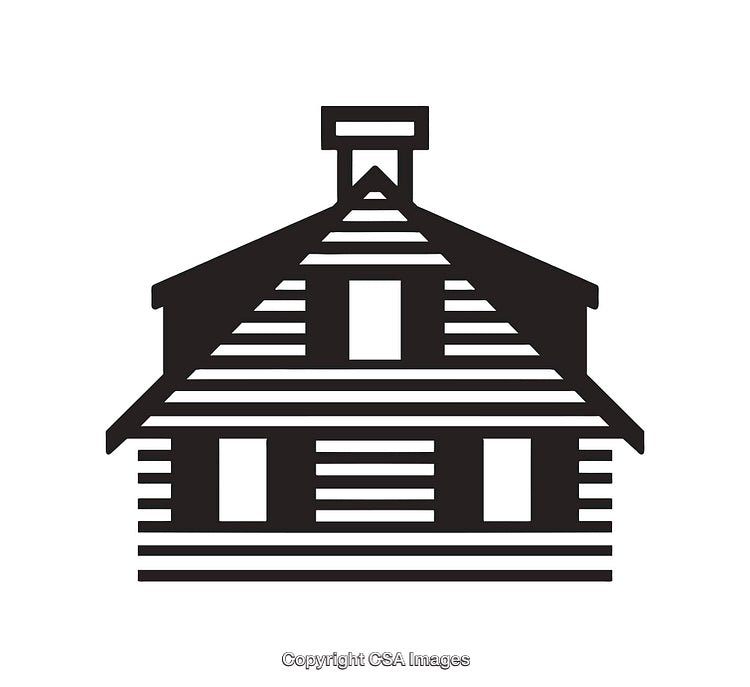 Black And White Line Art Illustration of a Rustic Log Cabin