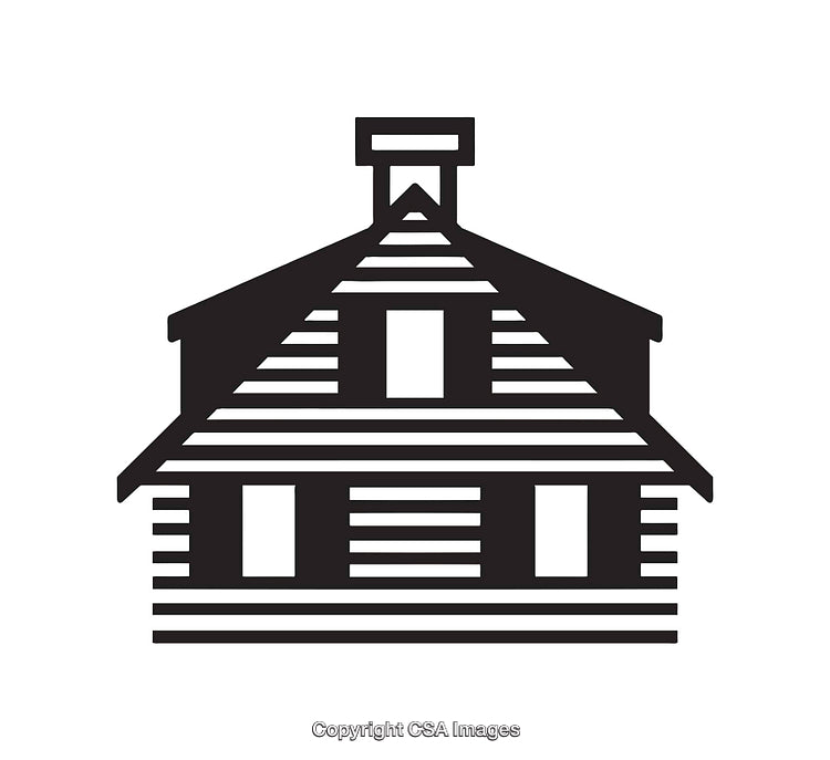 Black And White Line Art Illustration of a Rustic Log Cabin