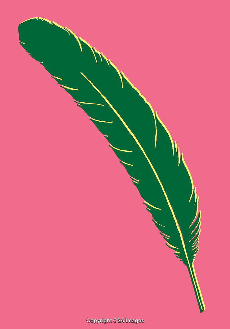 Green Feather Illustration on a Vibrant Pink Background