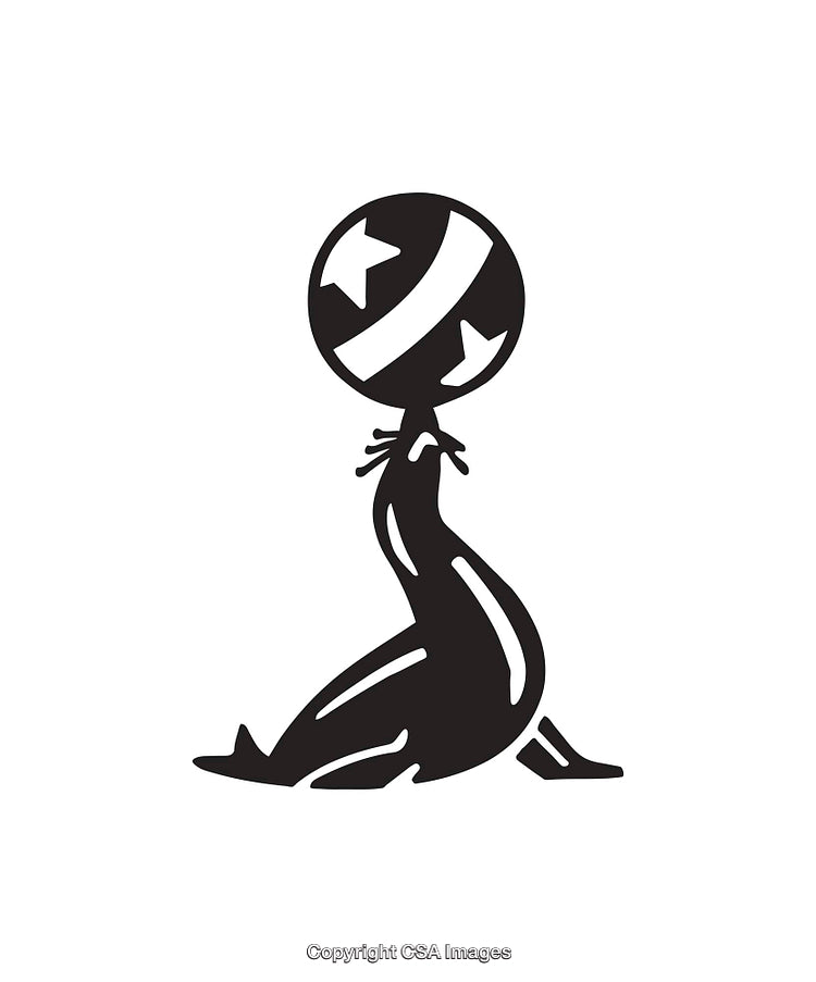 Black and White Illustration of a Seal Balancing a Ball