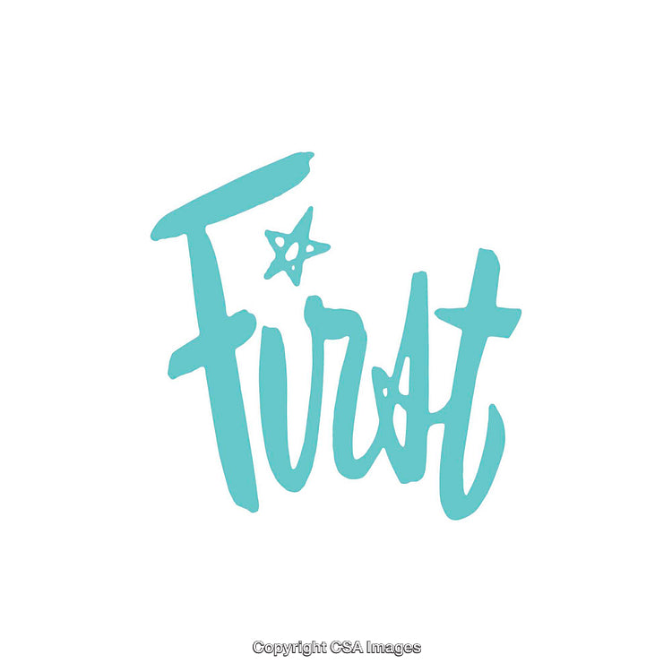 Handwritten Turquoise 'First' Design with Star Accent on White Background