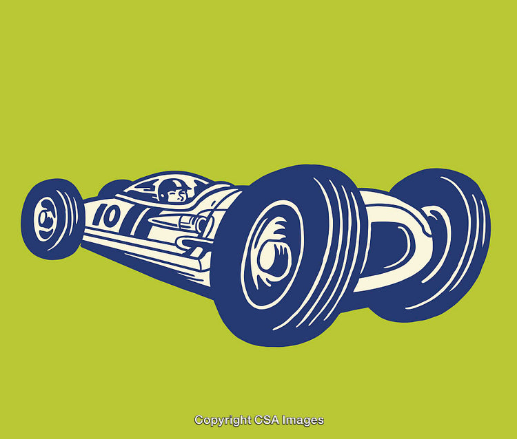 Retro Illustration of a Racing Car on a Vibrant Green Background