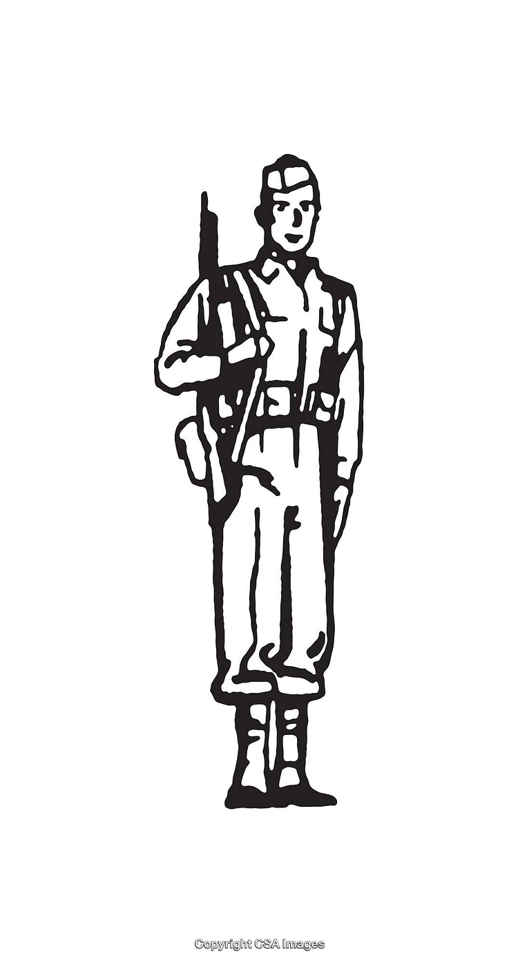 Black and White Line Art of a Soldier in Uniform