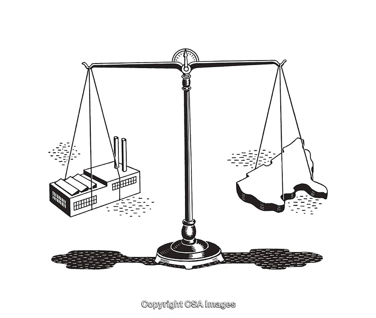 Black and White Drawing of Balance Scale With Industrial and Natural Elements