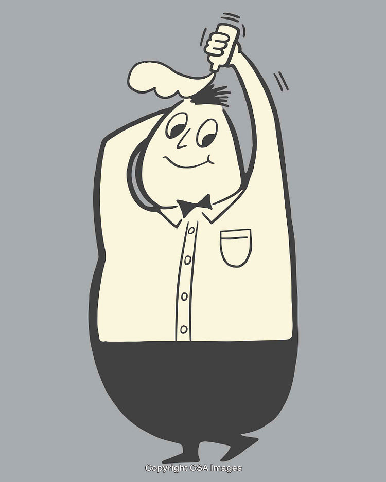 Happy Cartoon Character Using Hair Spray in Quirky Line Art Illustration
