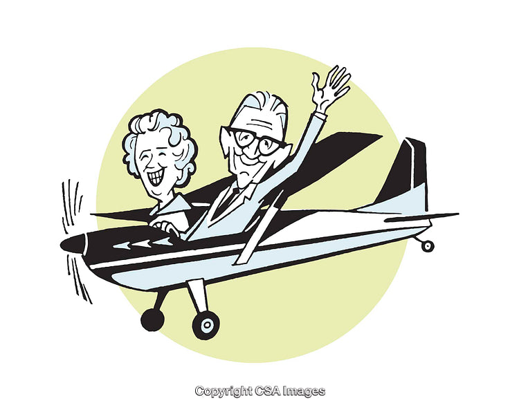 Cartoon Illustration of a Cheerful Couple Flying an Airplane