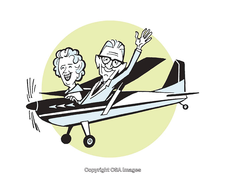 Cartoon Illustration of a Cheerful Couple Flying an Airplane