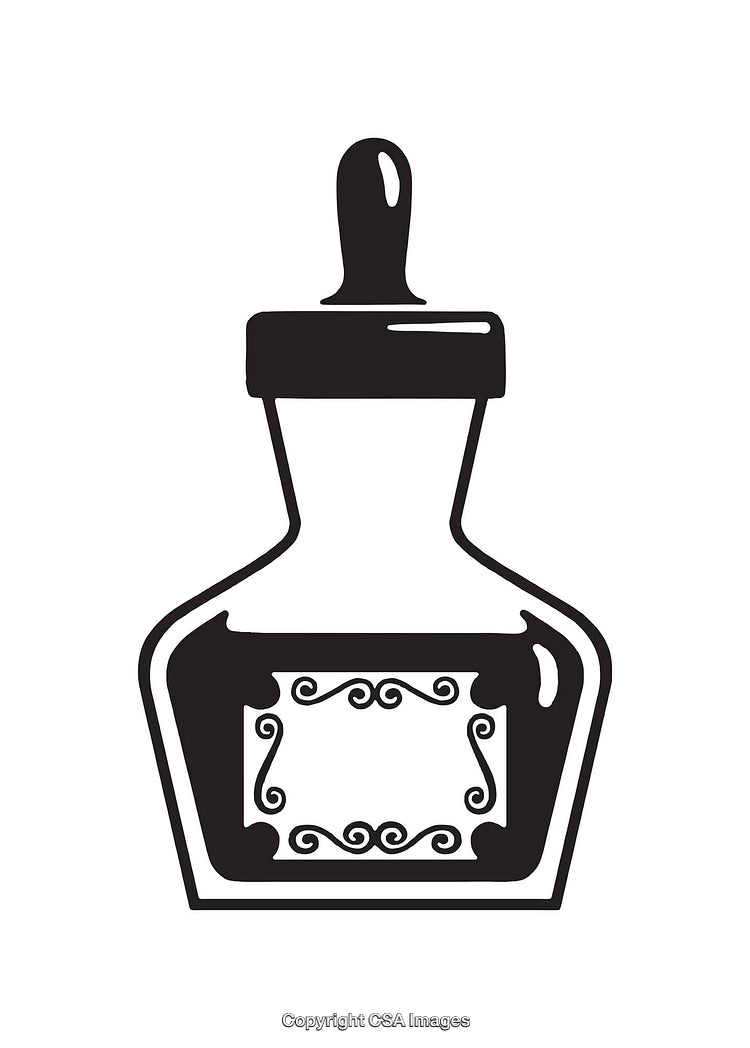 Black and White Line Art Illustration of a Decorative Glass Bottle