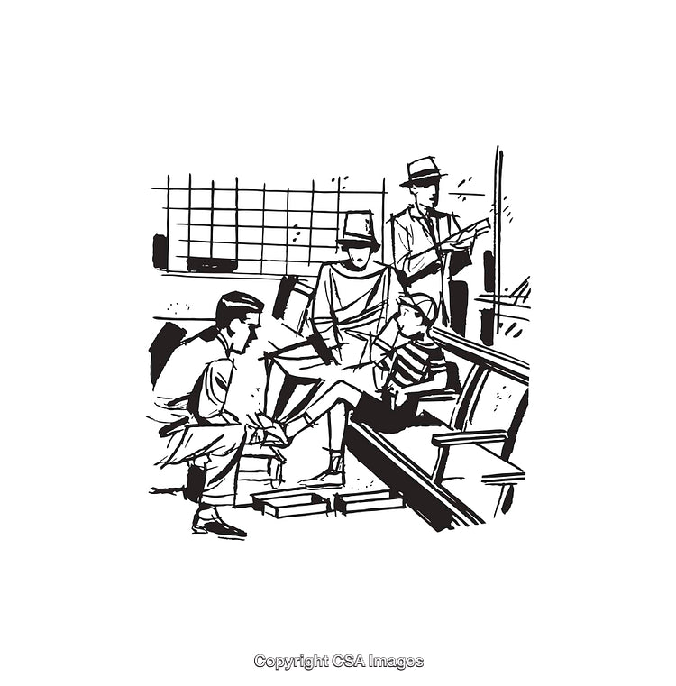 Black and White Line Art of a Social Gathering Scene with People