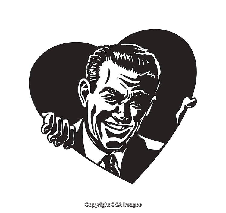 Retro Black and White Illustration of a Cheering Man in a Heart Shape
