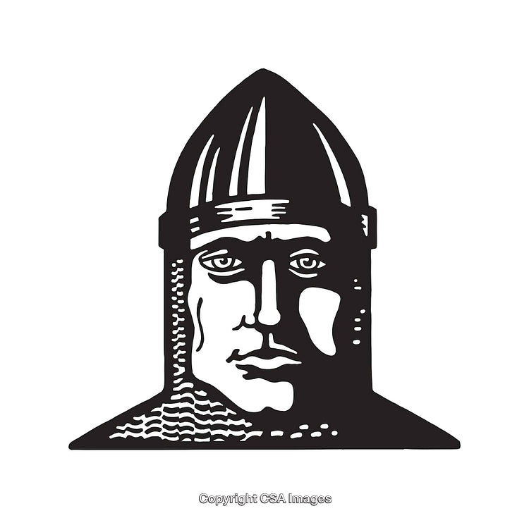 Black and White Knight Illustration Featuring a Detailed Helmeted Face