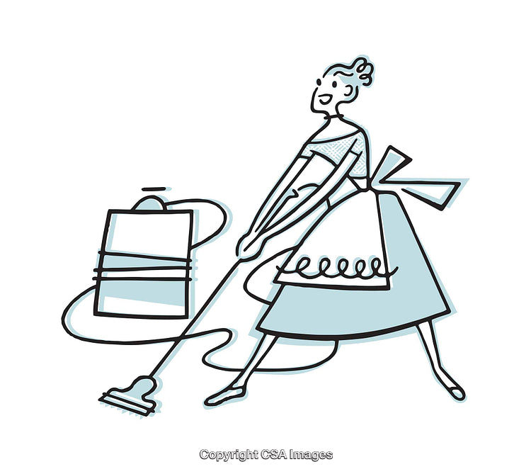 Retro Illustration of a Woman Vacuuming with a Stylish Vintage Design