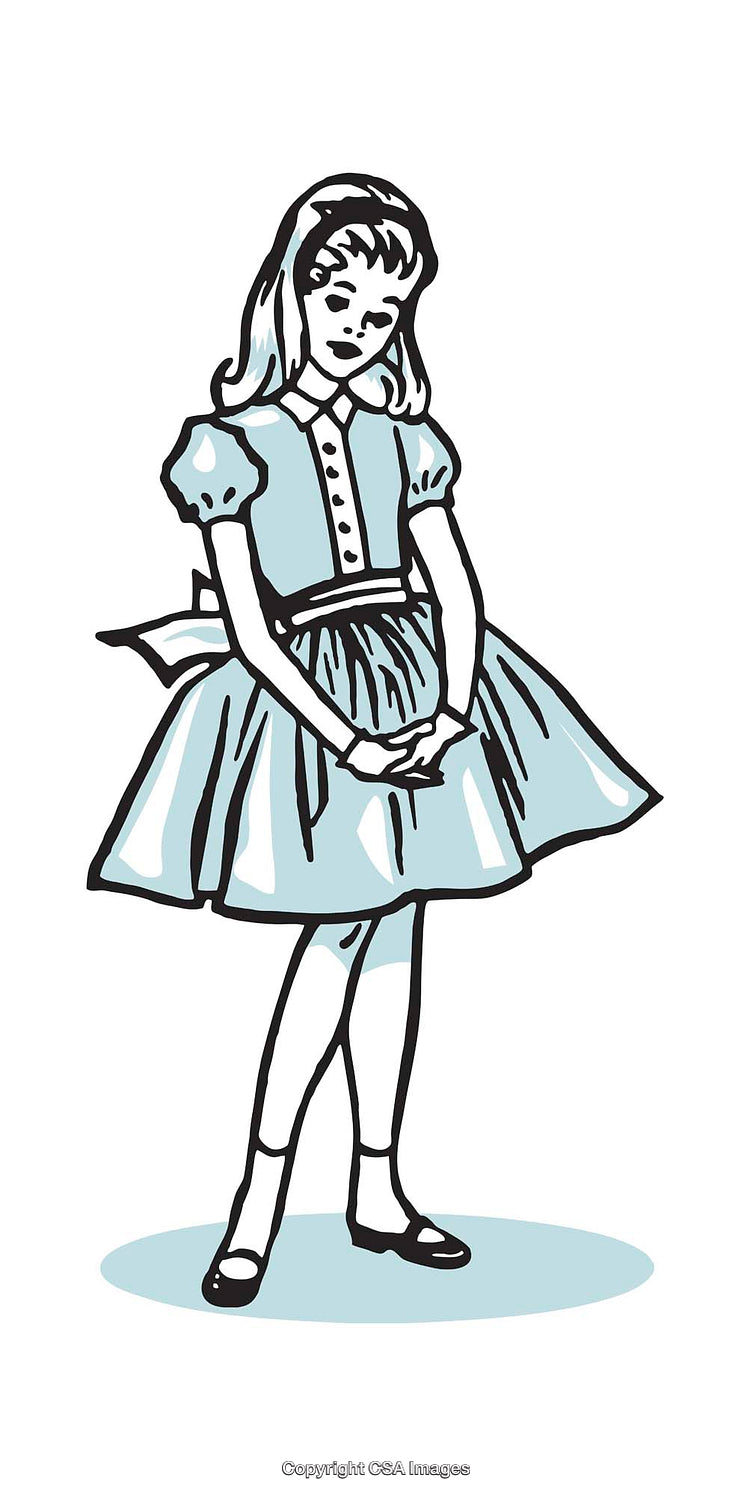 Vintage Illustration of a Young Girl in a Blue Dress
